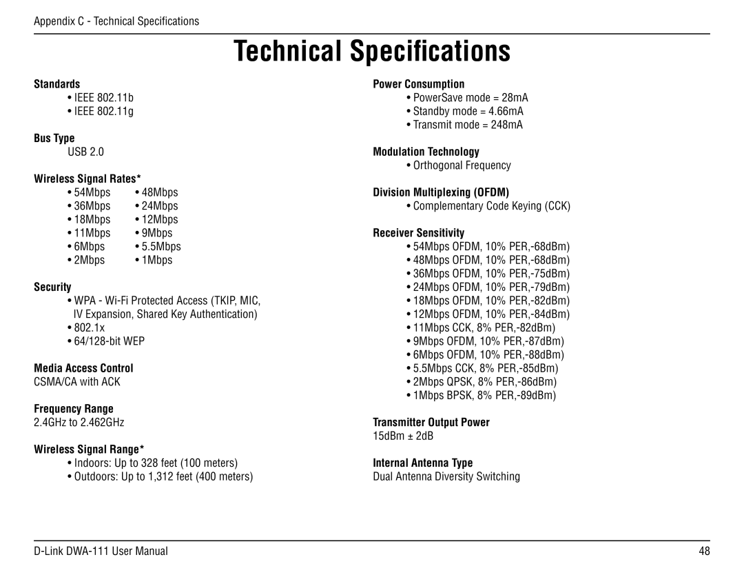 D-Link DWA-111 manual Technical Specifications, Security 