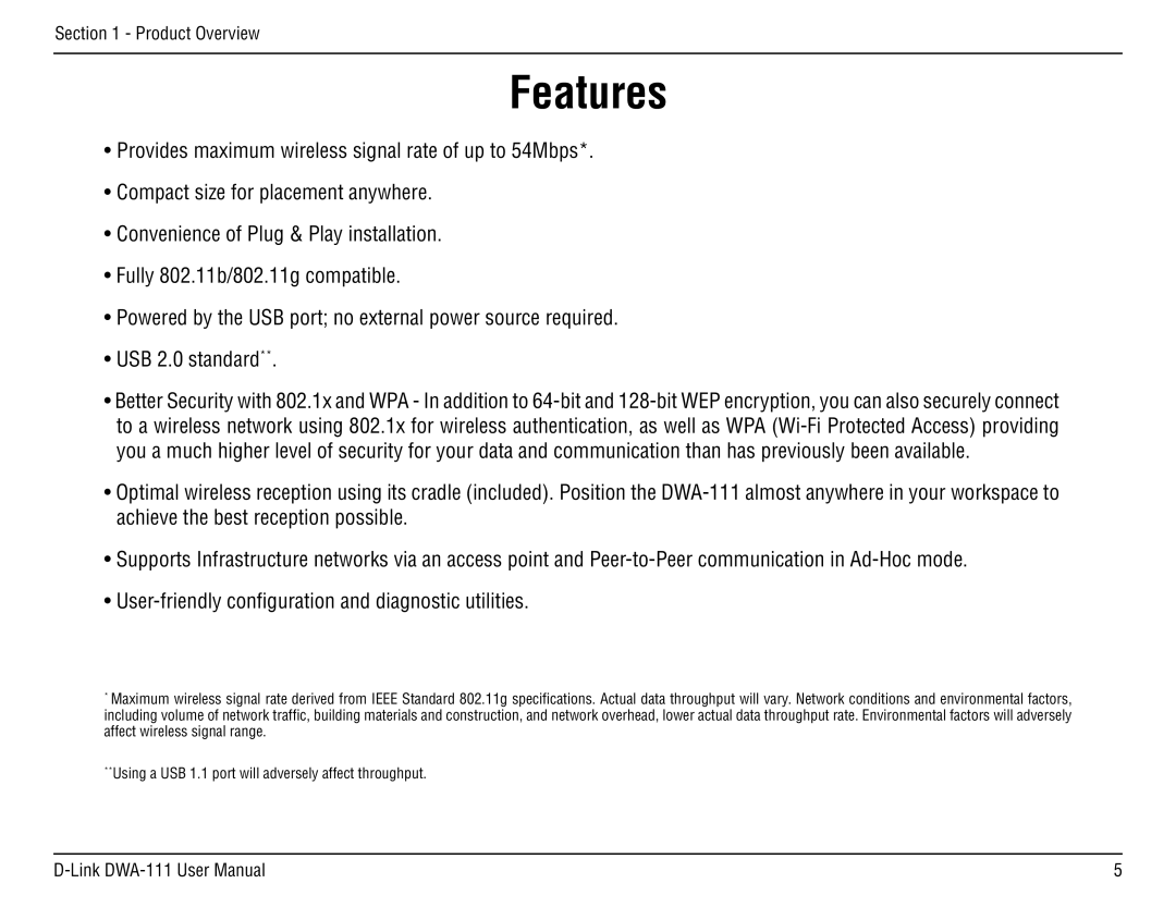 D-Link DWA-111 manual Features 