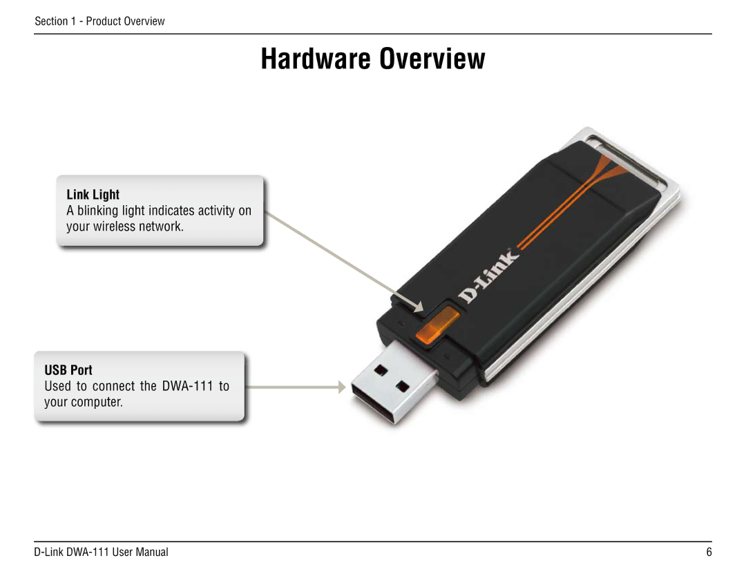 D-Link DWA-111 manual Hardware Overview, Link Light, USB Port 