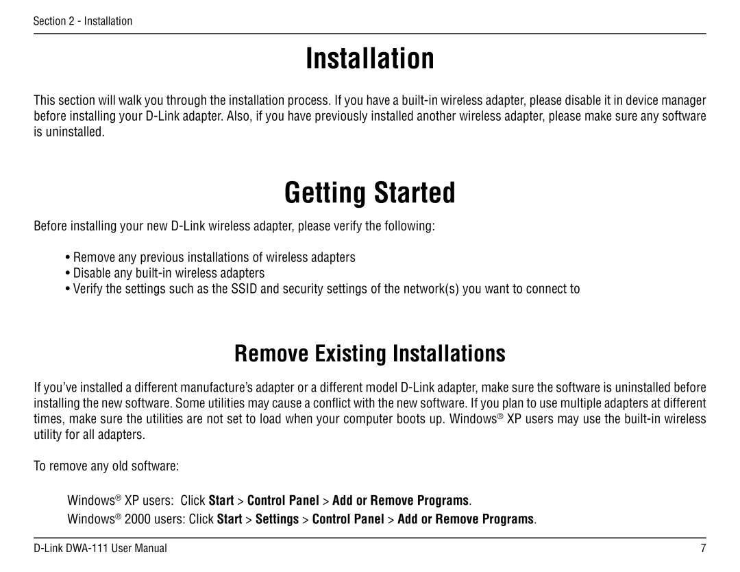 D-Link DWA-111 manual Getting Started, Remove Existing Installations 