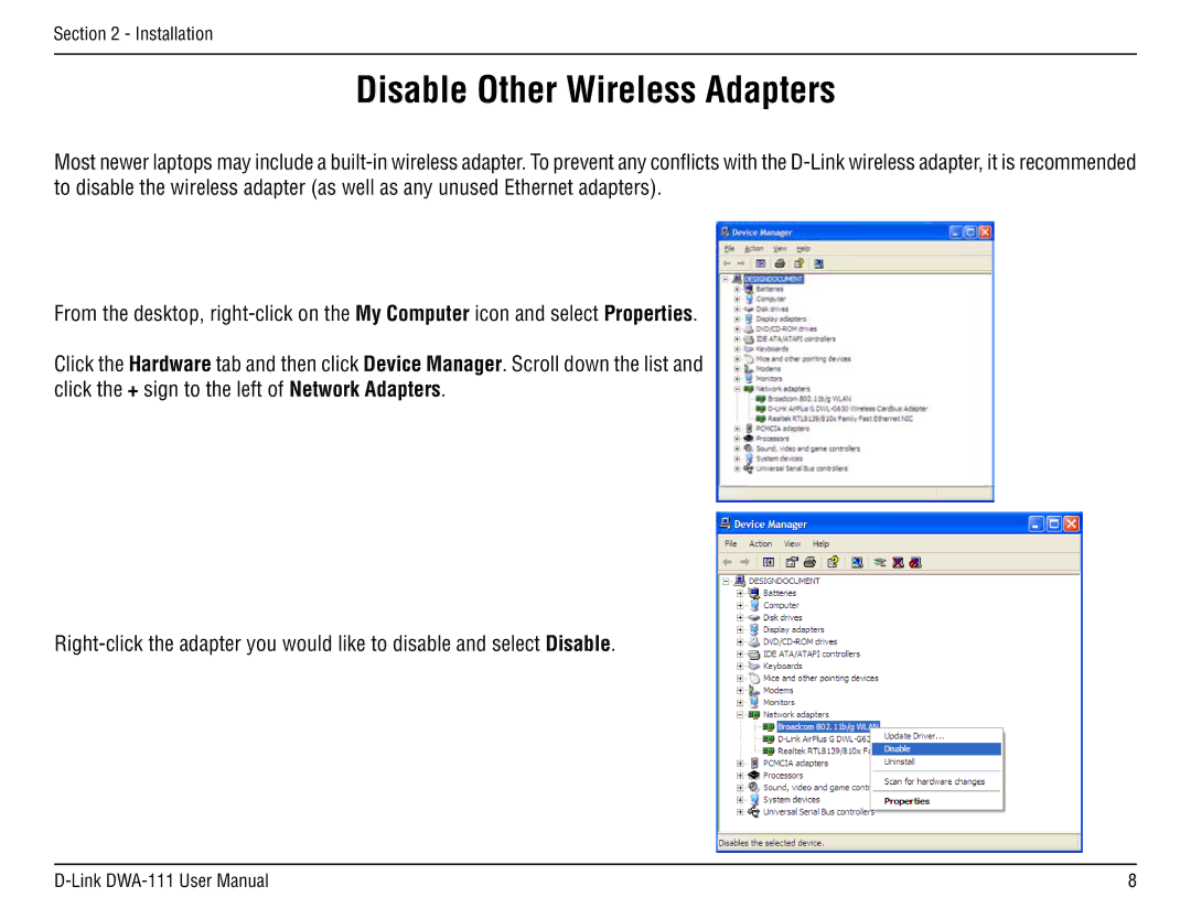 D-Link DWA-111 manual Disable Other Wireless Adapters 