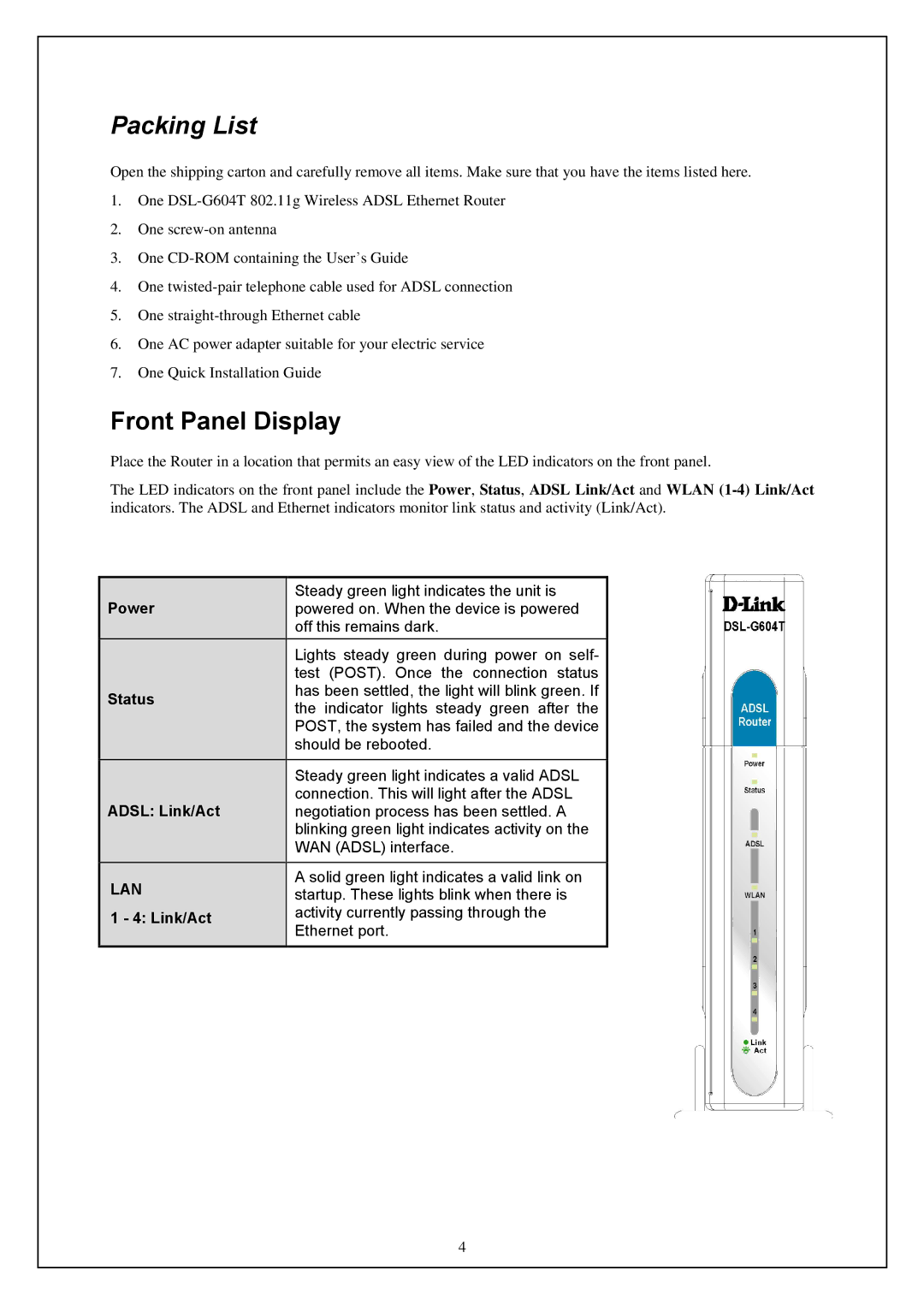 D-Link DWA-140 manual Packing List, Front Panel Display 