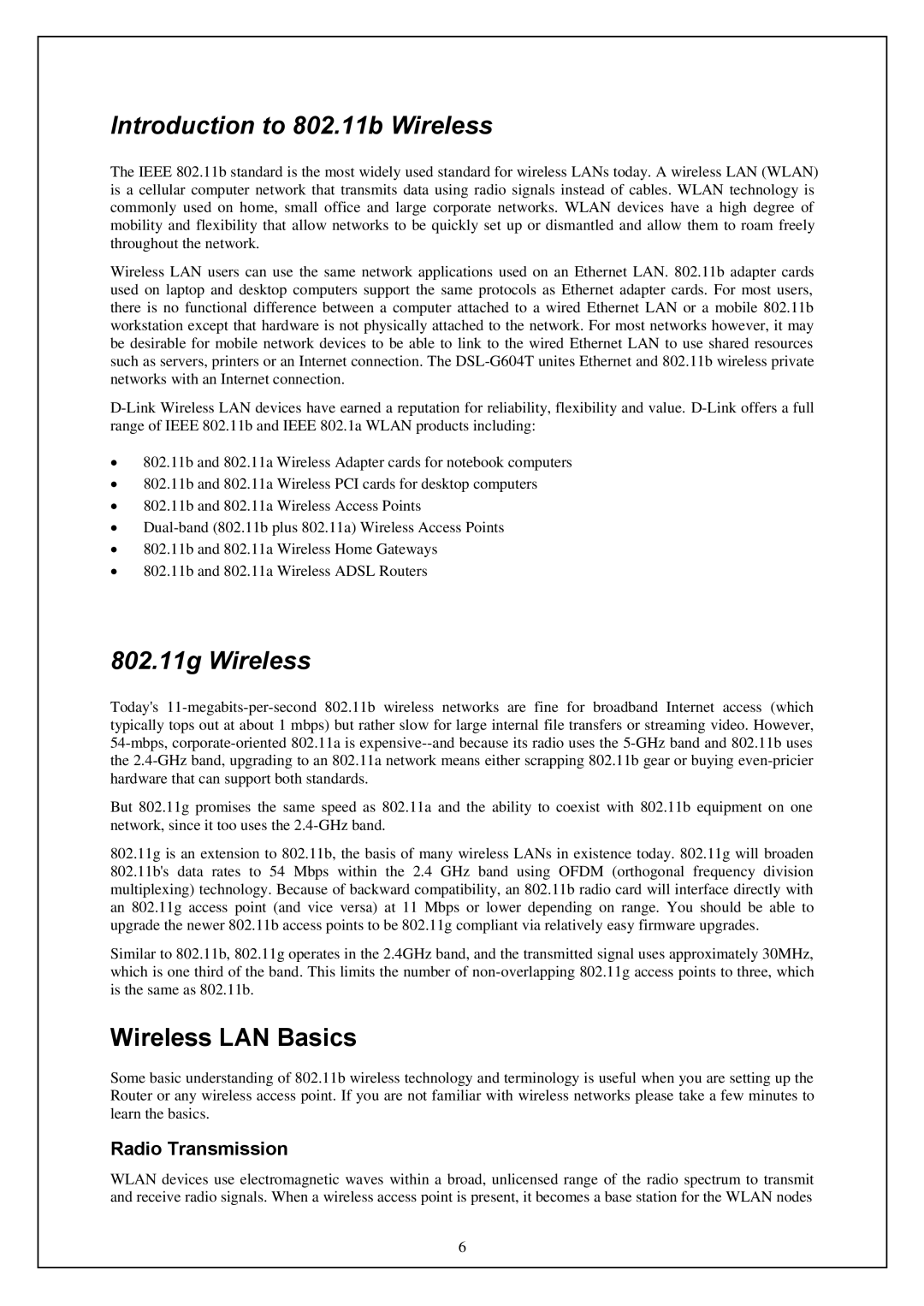 D-Link DWA-140 manual Introduction to 802.11b Wireless, 802.11g Wireless, Wireless LAN Basics, Radio Transmission 