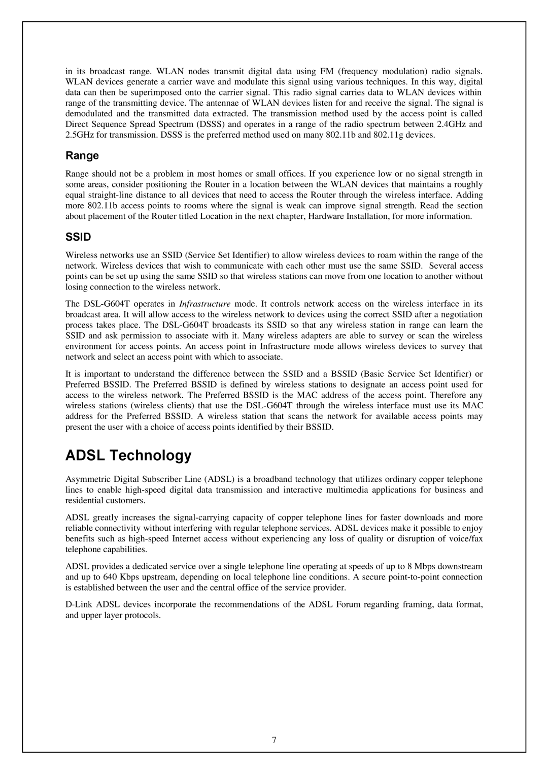 D-Link DWA-140 manual Adsl Technology, Range 