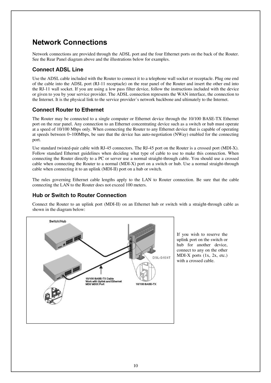 D-Link DWA-140 Network Connections, Connect Adsl Line, Connect Router to Ethernet, Hub or Switch to Router Connection 