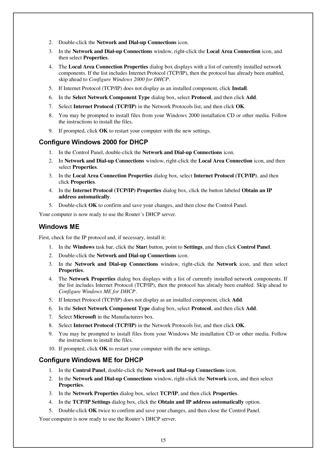 D-Link DWA-140 manual Configure Windows 2000 for Dhcp, Configure Windows ME for Dhcp 