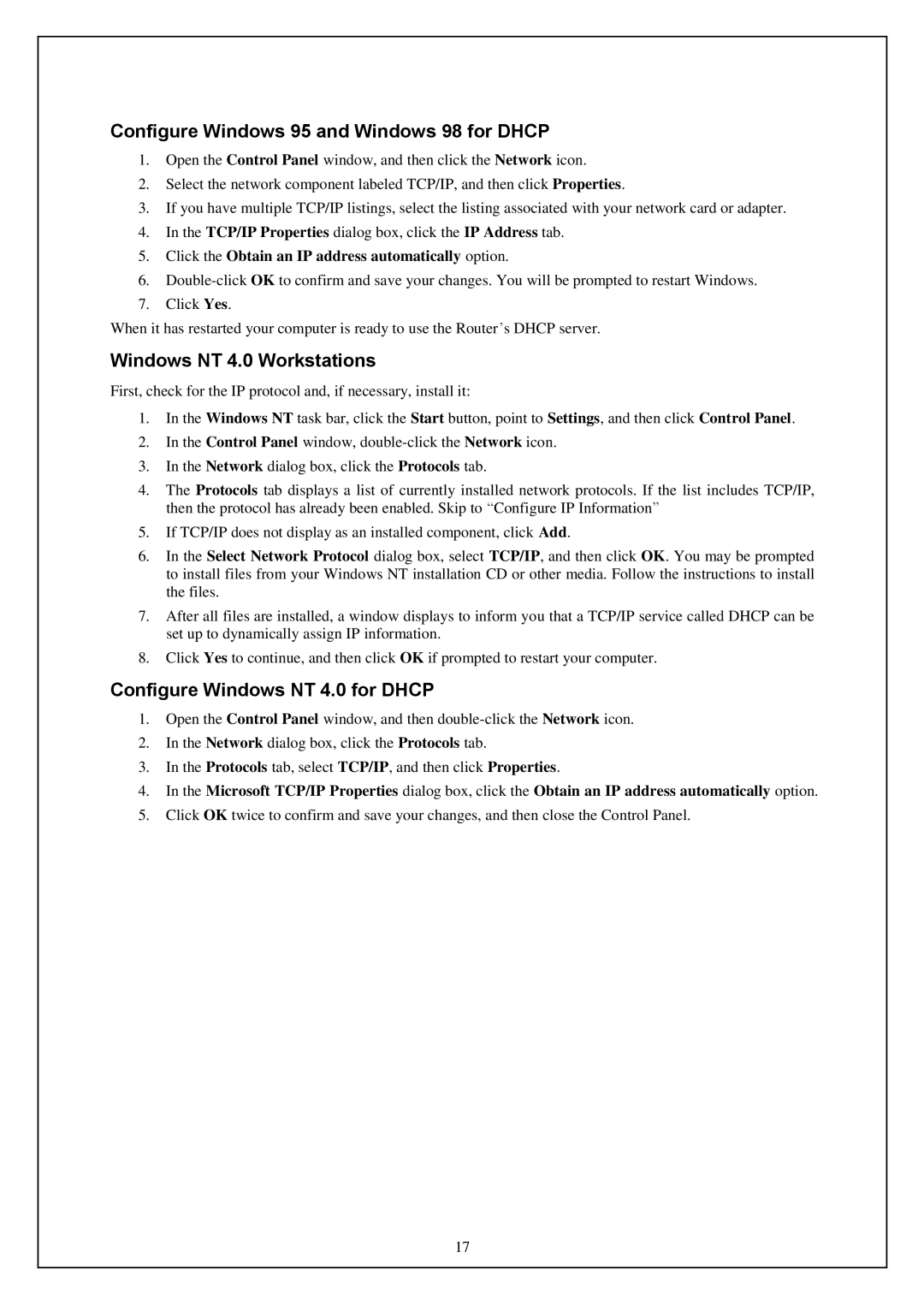 D-Link DWA-140 manual Configure Windows 95 and Windows 98 for Dhcp, Windows NT 4.0 Workstations 