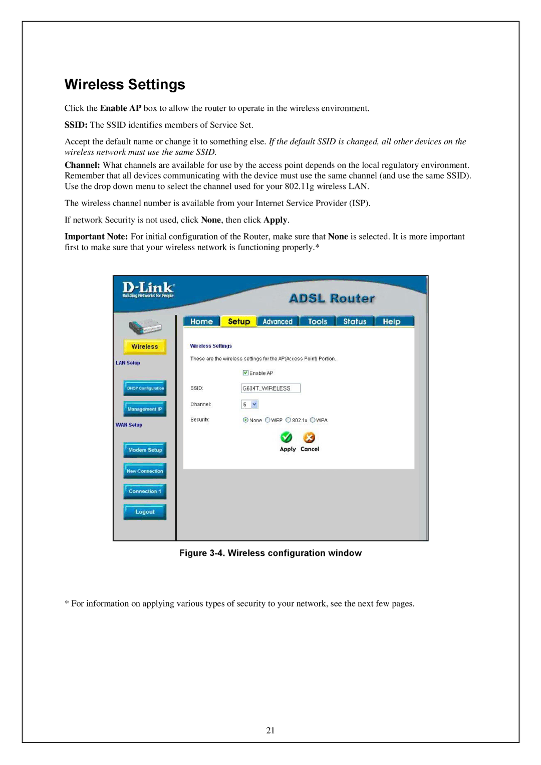 D-Link DWA-140 manual Wireless Settings, Wireless configuration window 