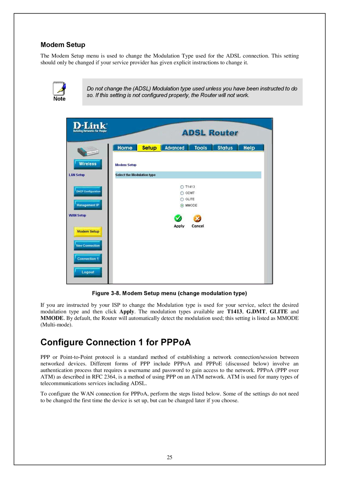 D-Link DWA-140 manual Configure Connection 1 for PPPoA, Modem Setup 