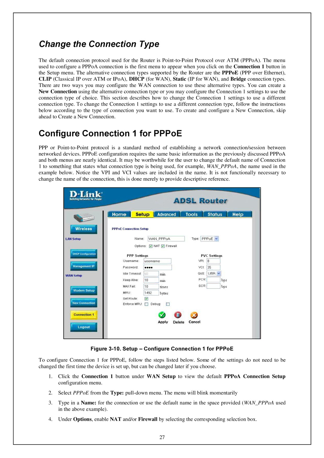 D-Link DWA-140 manual Change the Connection Type, Configure Connection 1 for PPPoE 