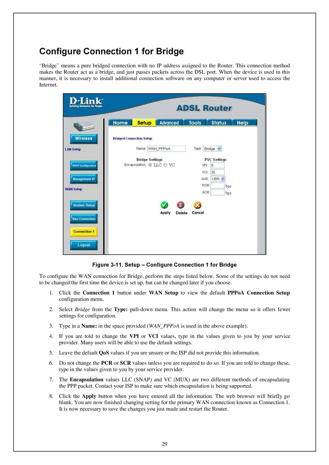 D-Link DWA-140 manual Setup Configure Connection 1 for Bridge 