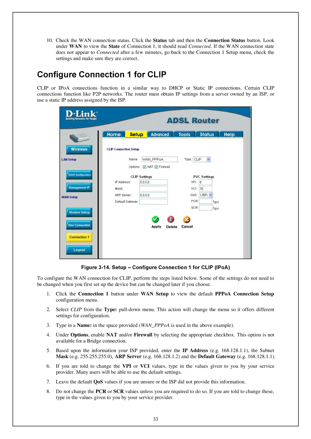 D-Link DWA-140 manual Setup Configure Connection 1 for Clip IPoA 