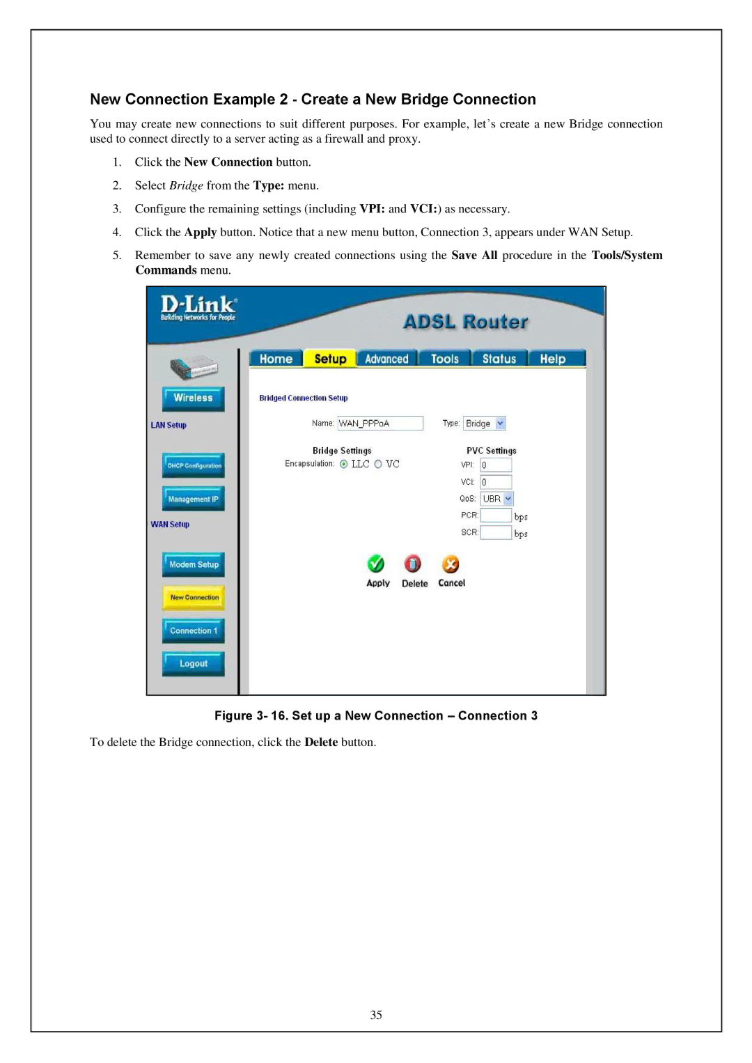 D-Link DWA-140 manual New Connection Example 2 Create a New Bridge Connection, Set up a New Connection Connection 