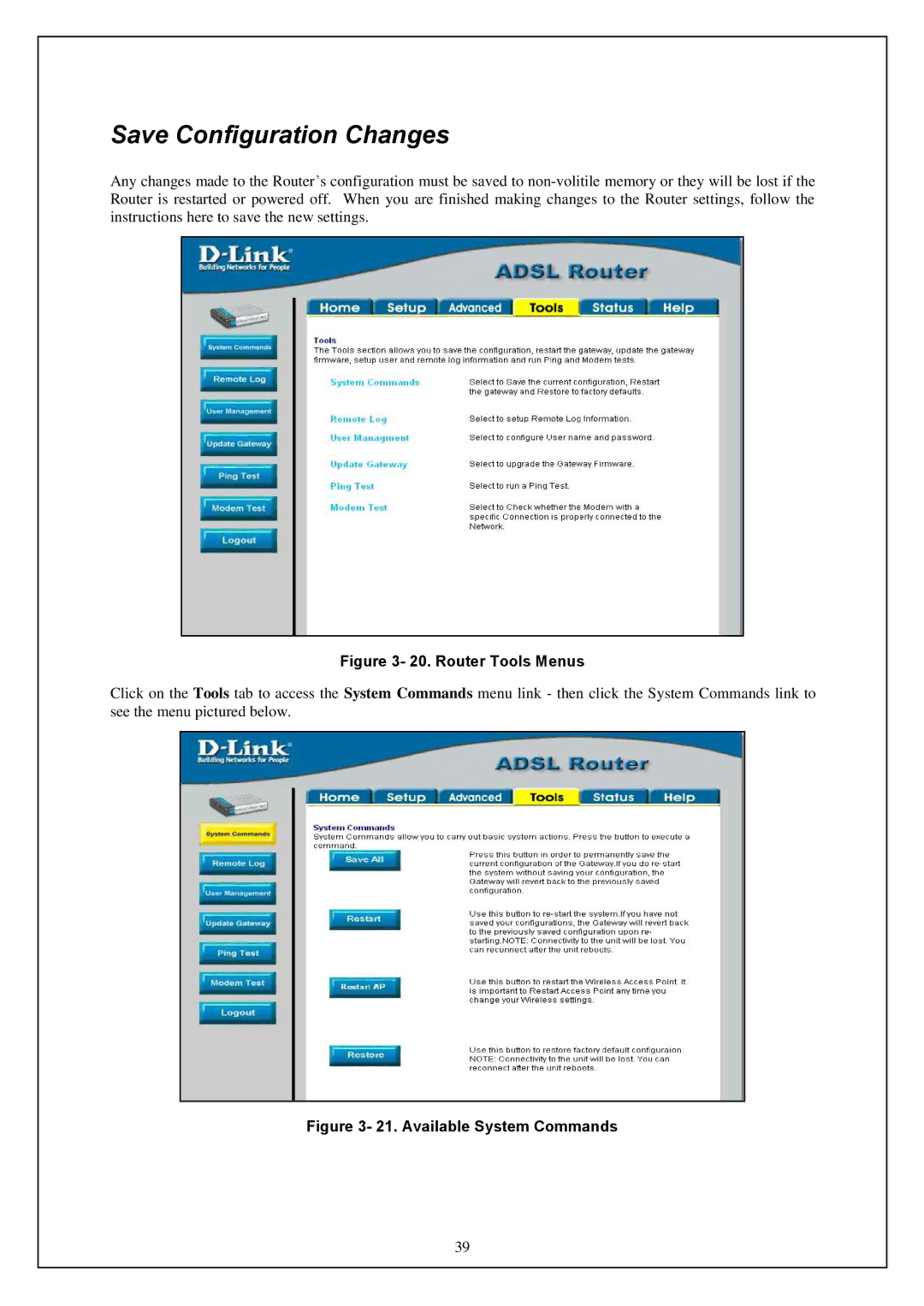 D-Link DWA-140 manual Save Configuration Changes, Router Tools Menus 