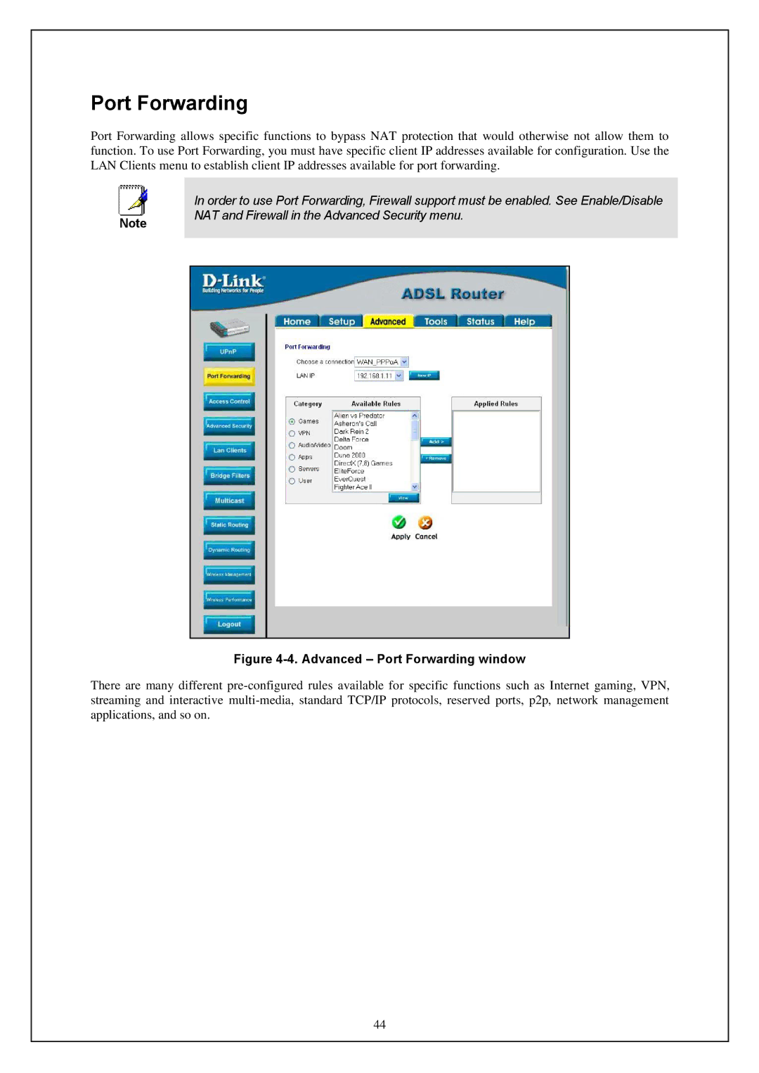 D-Link DWA-140 manual Advanced Port Forwarding window 