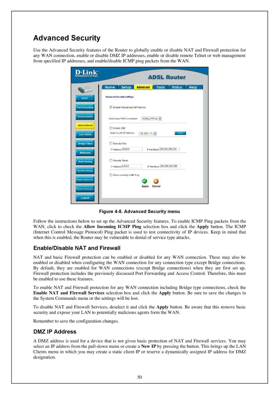 D-Link DWA-140 manual Advanced Security, Enable/Disable NAT and Firewall, DMZ IP Address 