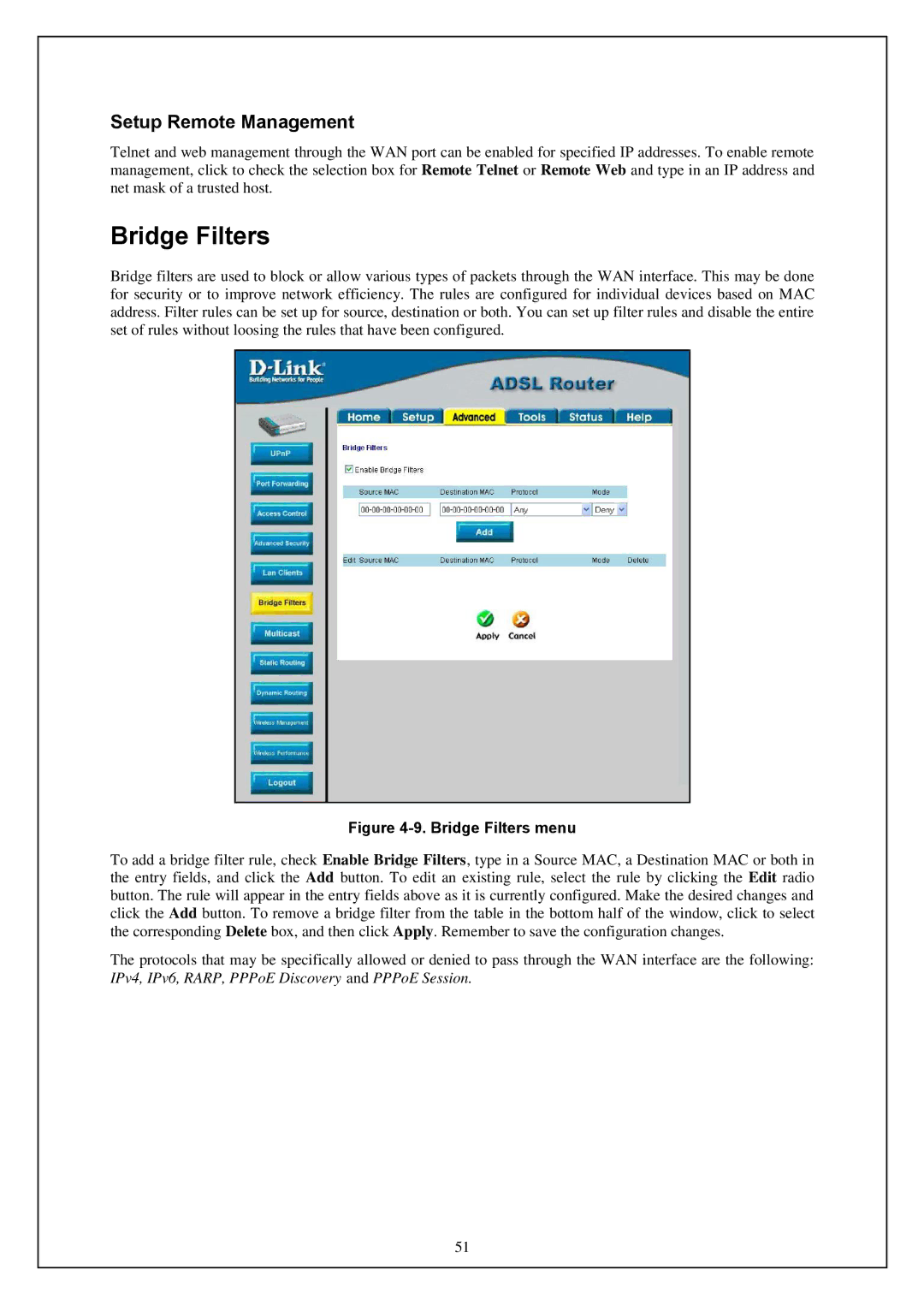 D-Link DWA-140 manual Bridge Filters, Setup Remote Management 