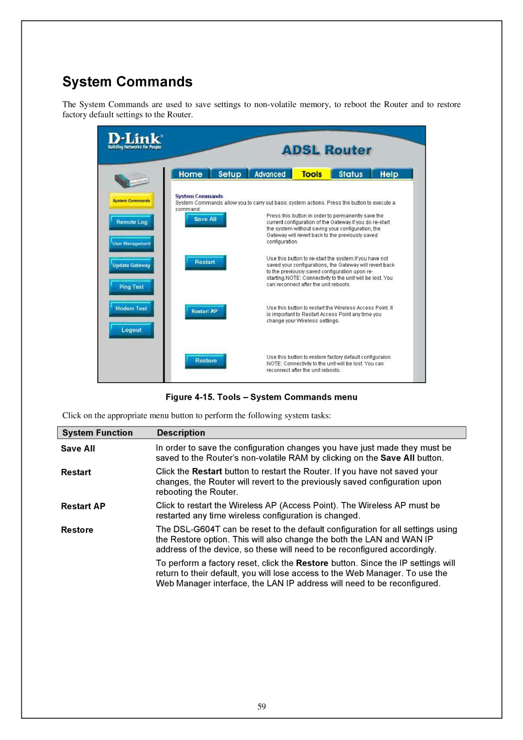 D-Link DWA-140 manual Tools System Commands menu 