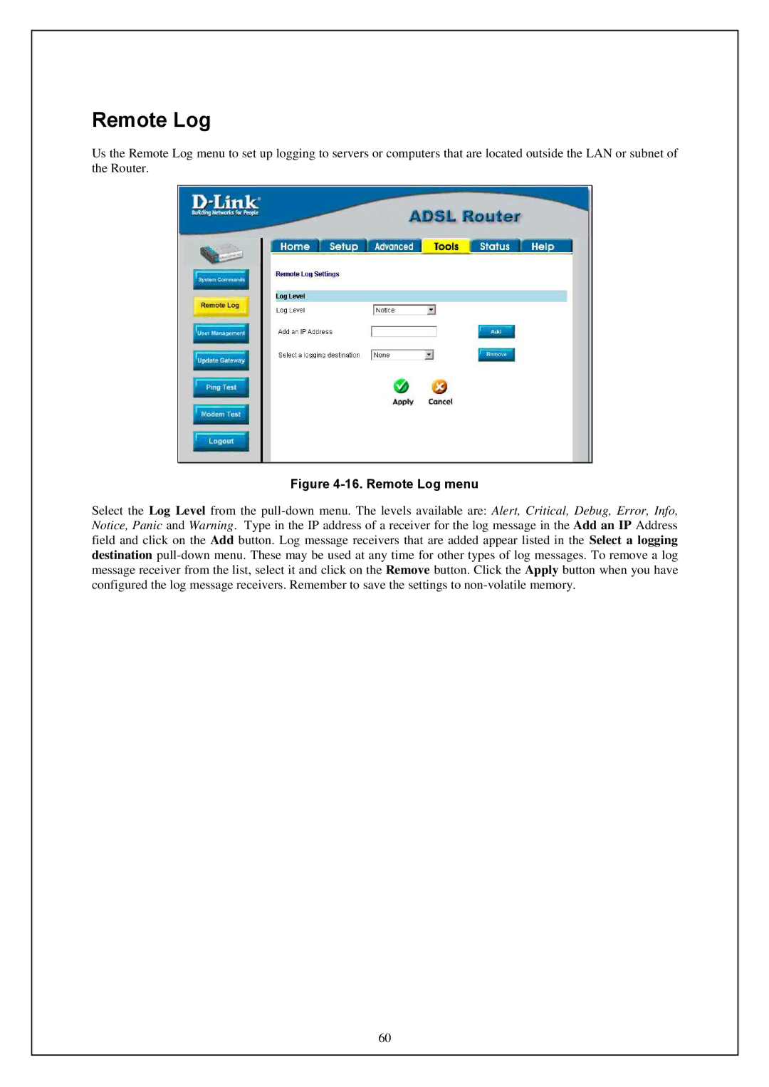 D-Link DWA-140 manual Remote Log menu 