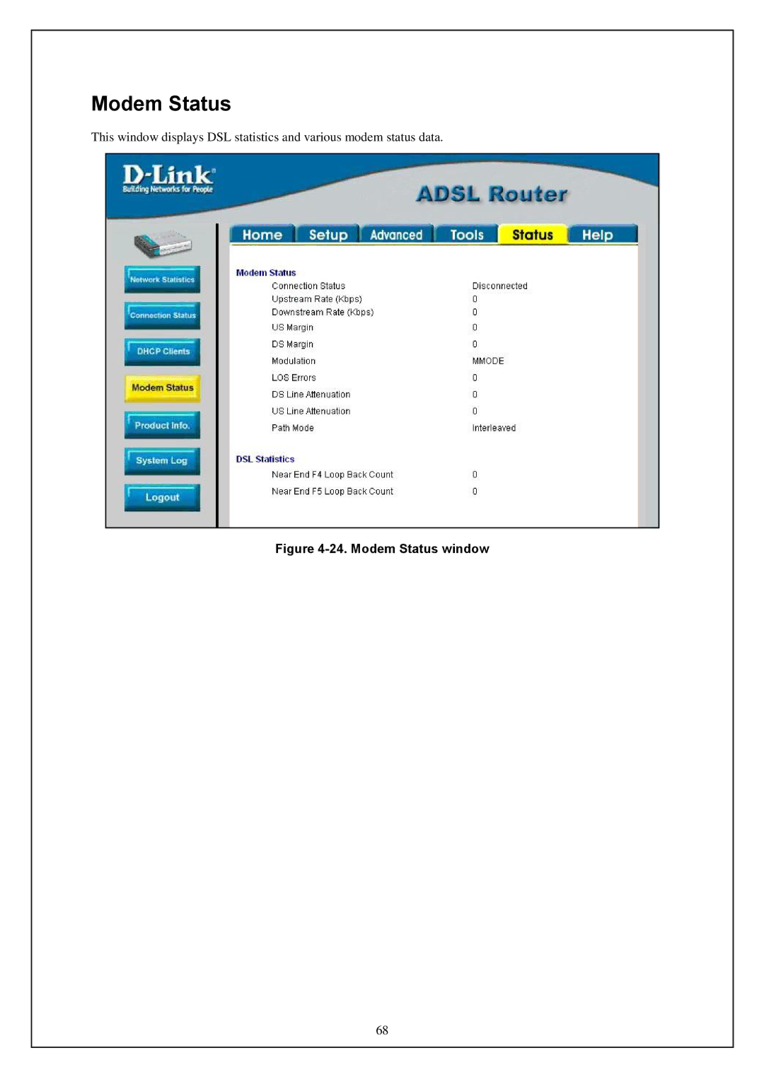 D-Link DWA-140 manual Modem Status window 