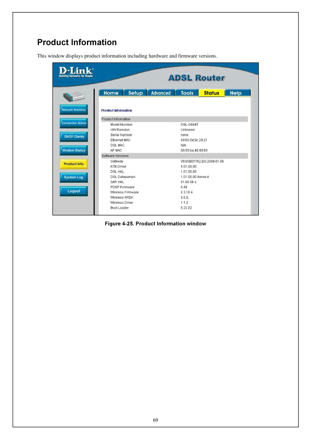 D-Link DWA-140 manual Product Information window 