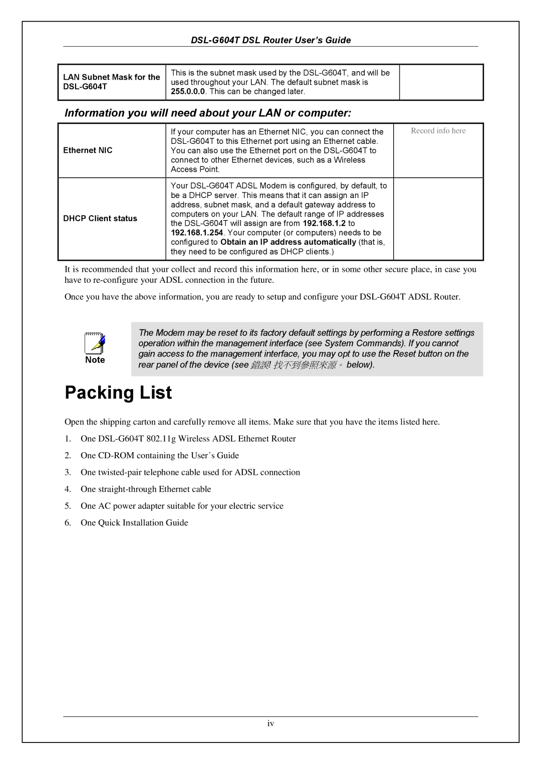 D-Link DWA-140 manual Packing List, LAN Subnet Mask for the DSL-G604T 