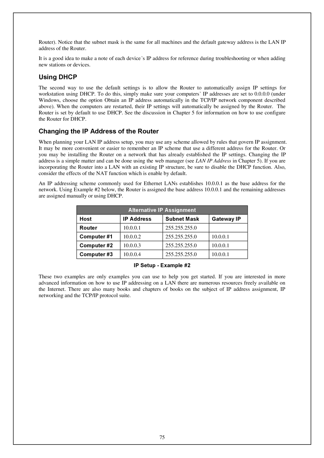 D-Link DWA-140 manual Using Dhcp, Changing the IP Address of the Router, IP Setup Example #2 