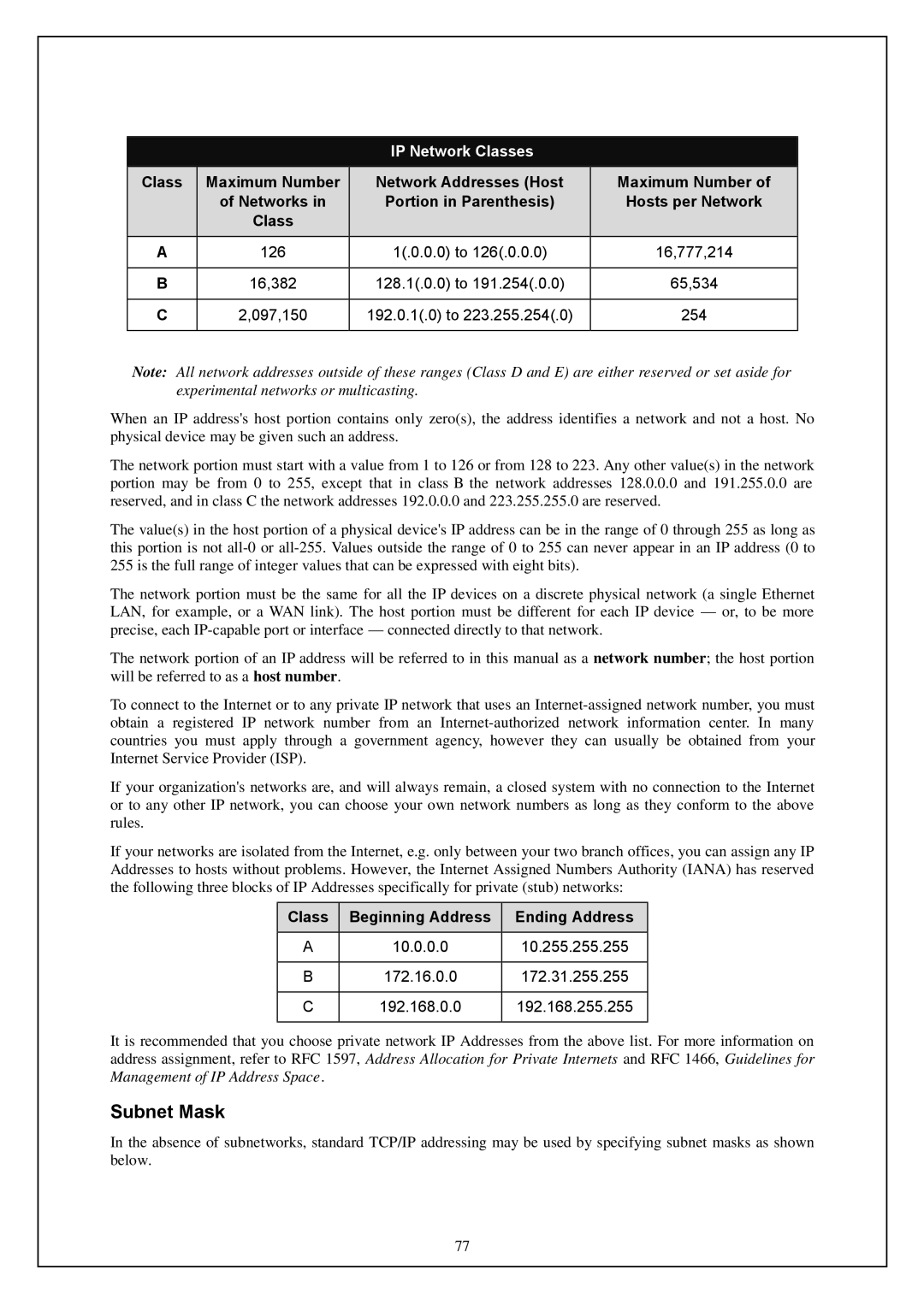 D-Link DWA-140 manual Subnet Mask, Class Beginning Address Ending Address 