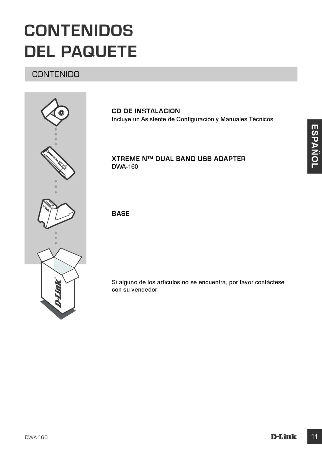 D-Link DWA-160 manual Contenidos DEL Paquete, Base 