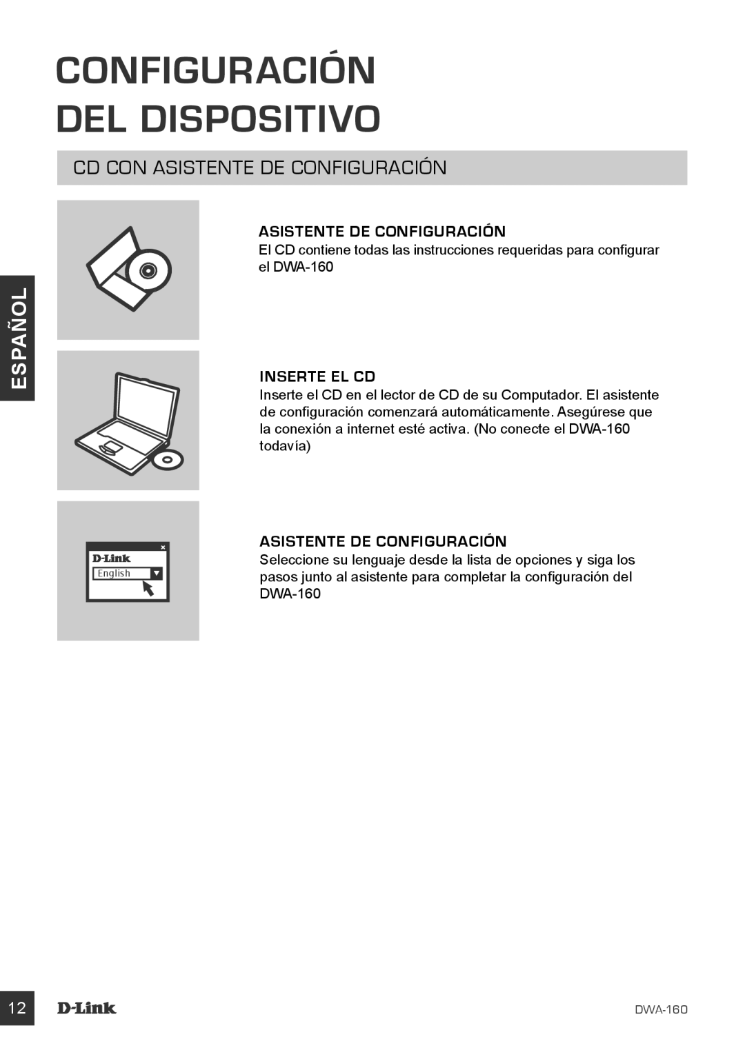 D-Link DWA-160 manual Configuración del Dispositivo, CD con Asistente de Configuración, Inserte el CD 