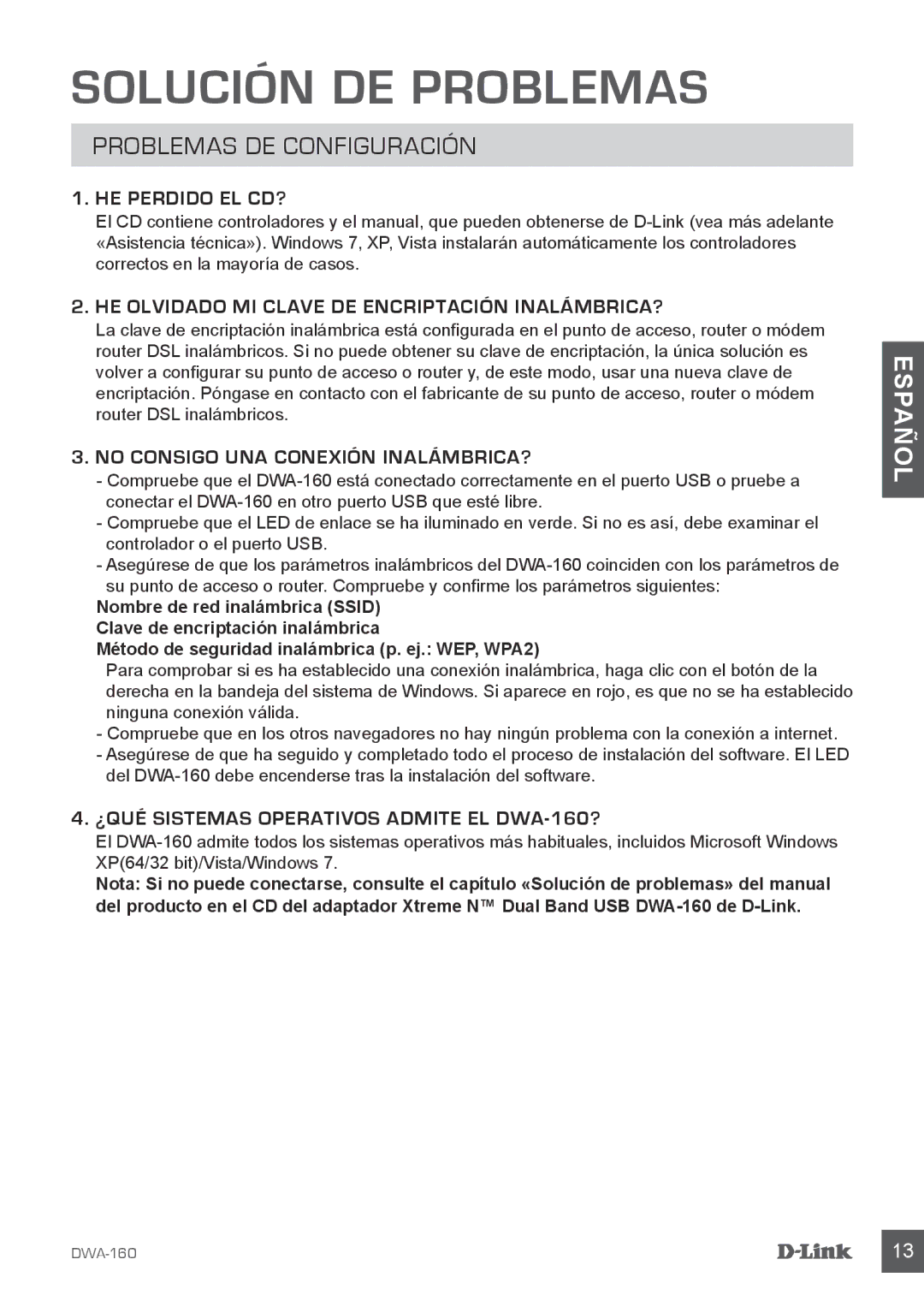 D-Link DWA-160 manual Solución de Problemas, Problemas de Configuración 