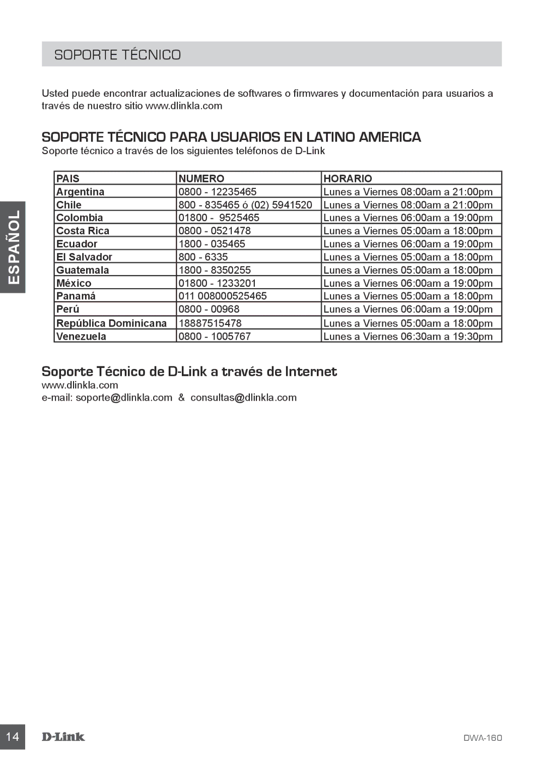 D-Link DWA-160 manual Soporte Técnico Para Usuarios EN Latino America 