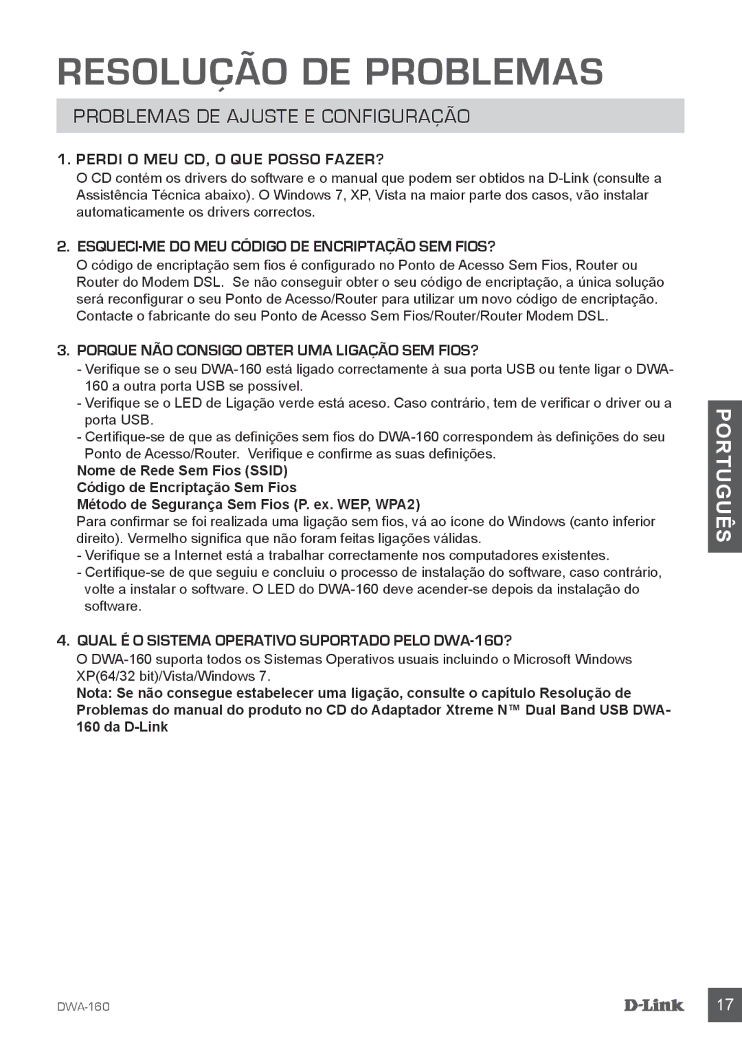 D-Link DWA-160 manual Resolução DE Problemas, Problemas DE Ajuste E Configuração 