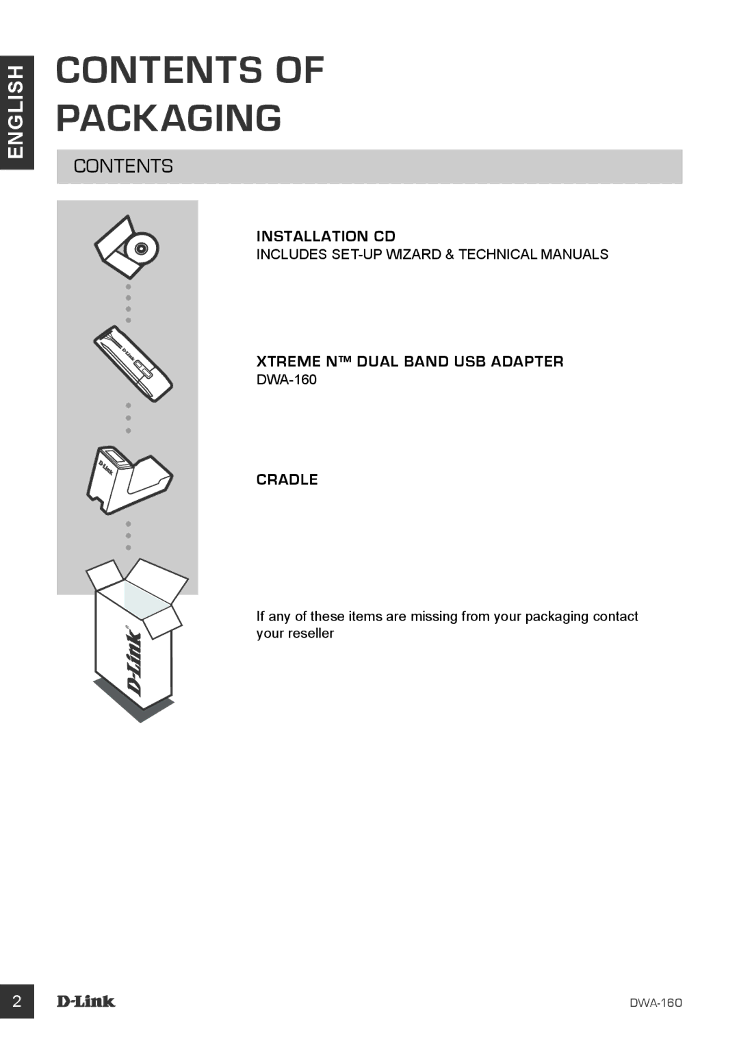 D-Link DWA-160 manual Contents Packaging 