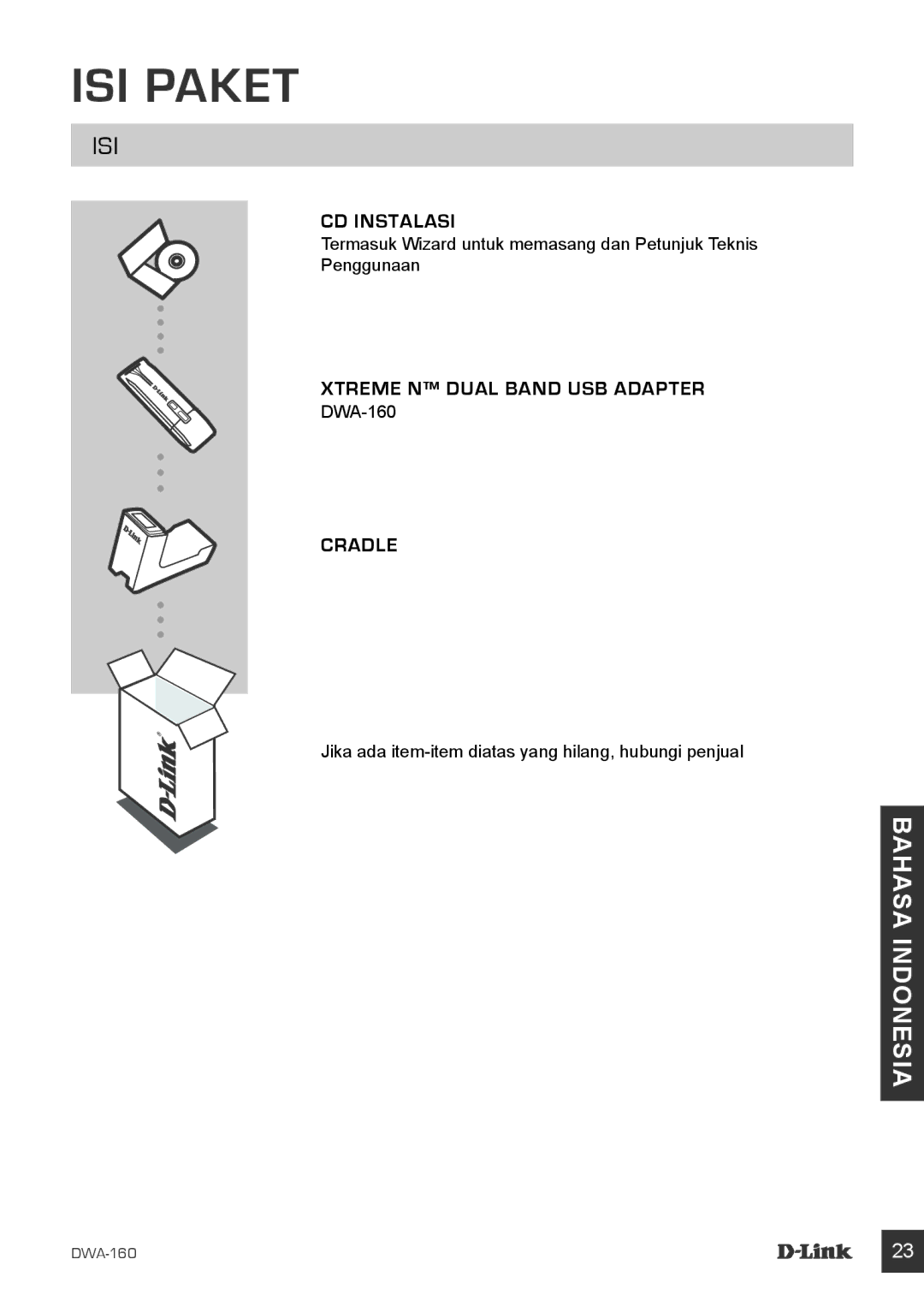 D-Link DWA-160 manual Isi Paket, CD Instalasi, Cradle 