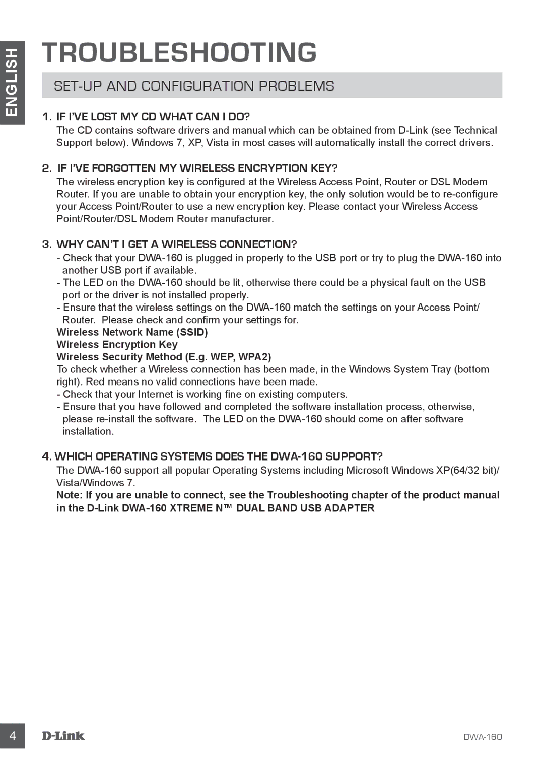 D-Link DWA-160 manual Troubleshooting, SET-UP and Configuration Problems 