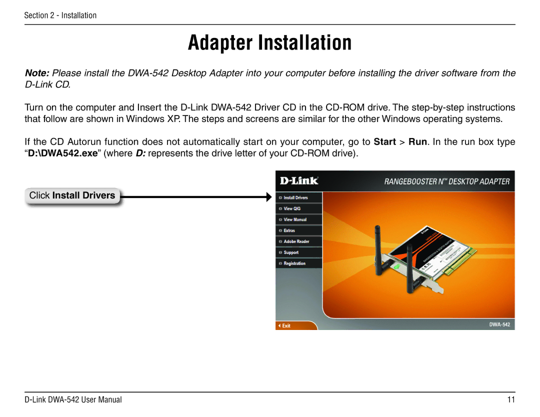 D-Link DWA-54 manual Adapter Installation, Click Install Drivers 