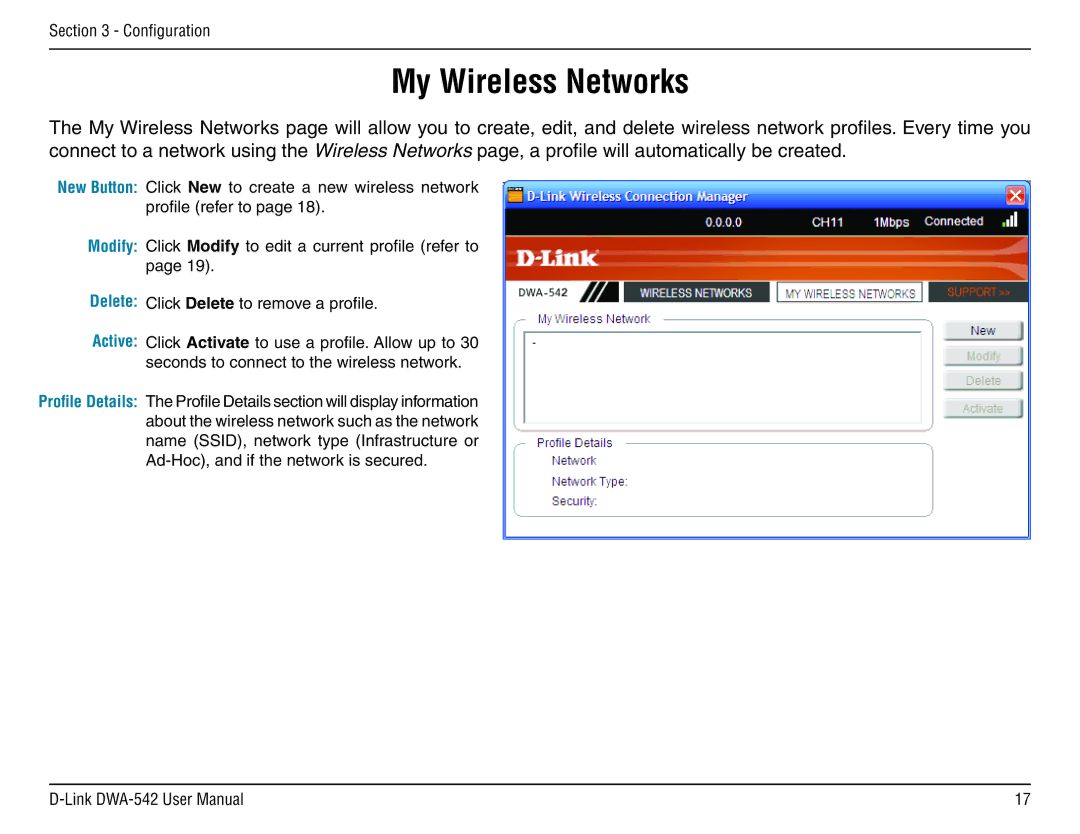 D-Link DWA-54 manual My Wireless Networks, New Button Modify Delete Active 