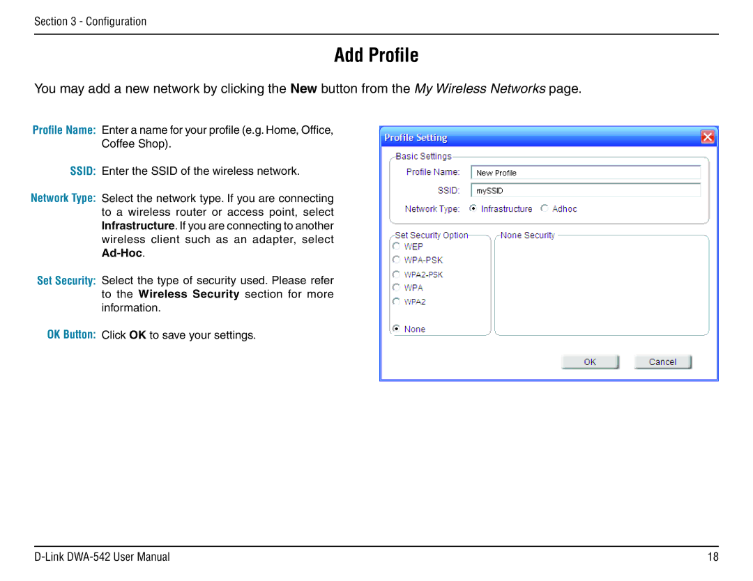 D-Link DWA-54 manual Add Profile 