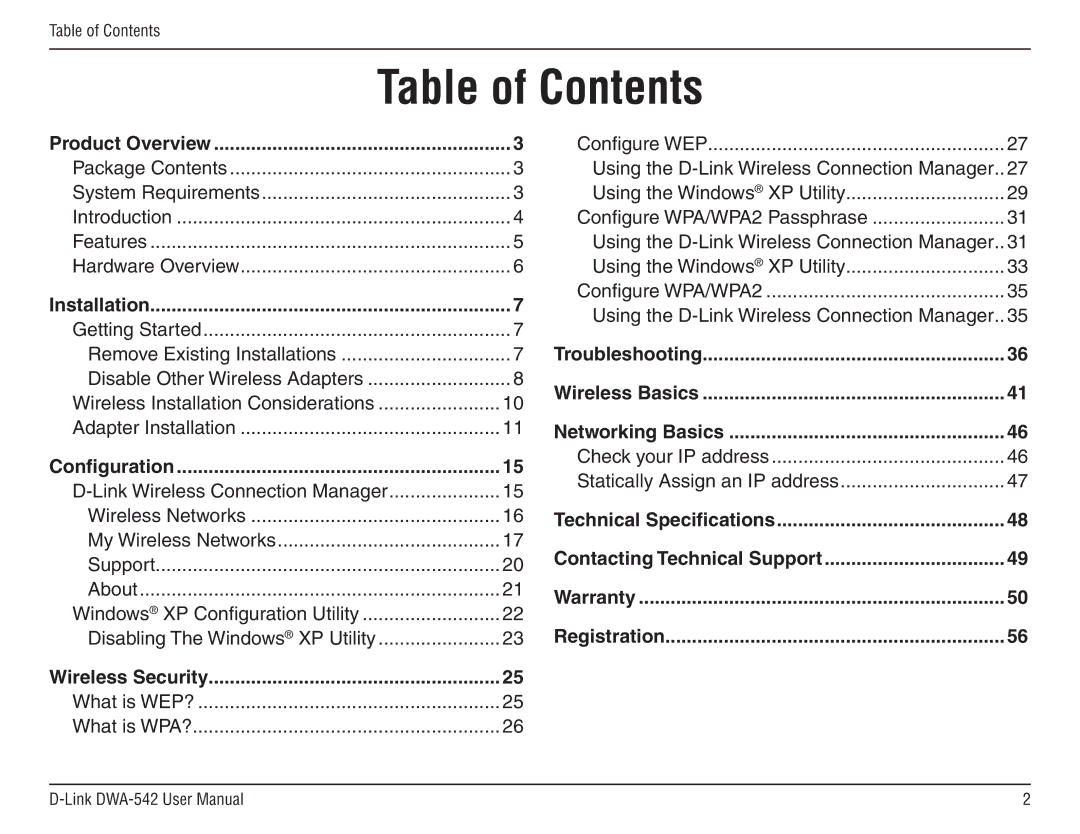 D-Link DWA-54 manual Table of Contents 