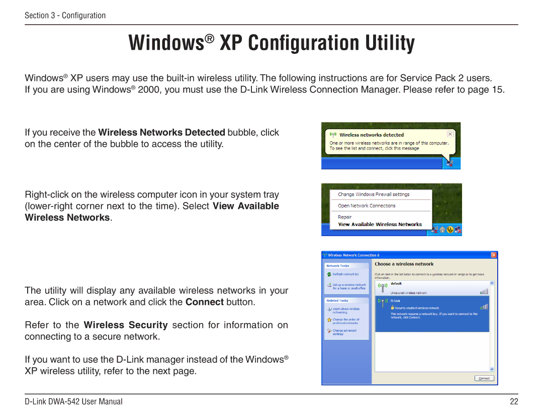 D-Link DWA-54 manual Windows XP Configuration Utility 