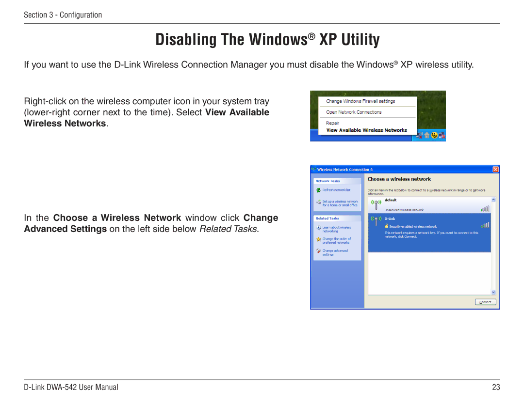 D-Link DWA-54 manual Disabling The Windows XP Utility, Choose a Wireless Network window click Change 