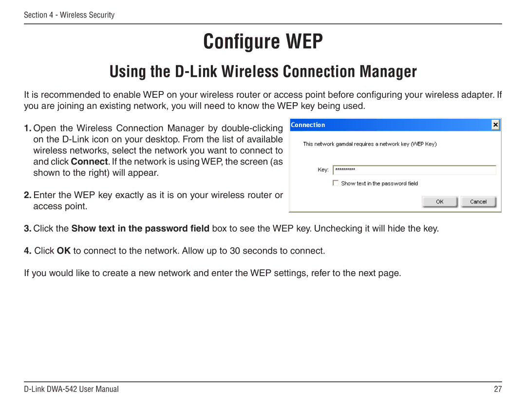 D-Link DWA-54 manual Configure WEP, Using the D-Link Wireless Connection Manager 