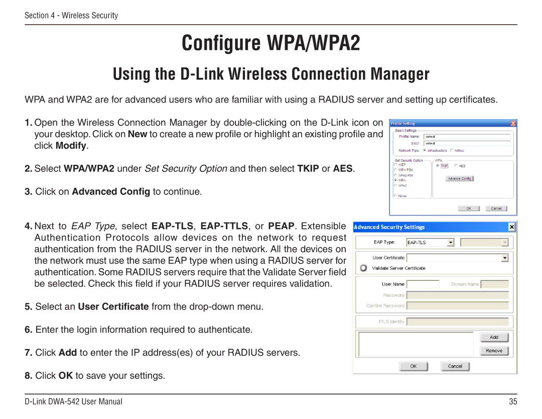 D-Link DWA-54 manual Configure WPA/WPA2, Using the D-Link Wireless Connection Manager 