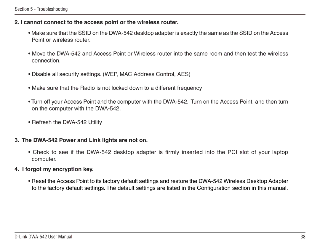 D-Link manual Cannot connect to the access point or the wireless router, DWA-542 Power and Link lights are not on 