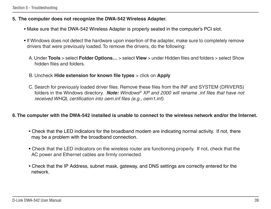 D-Link manual Computer does not recognize the DWA-542 Wireless Adapter 