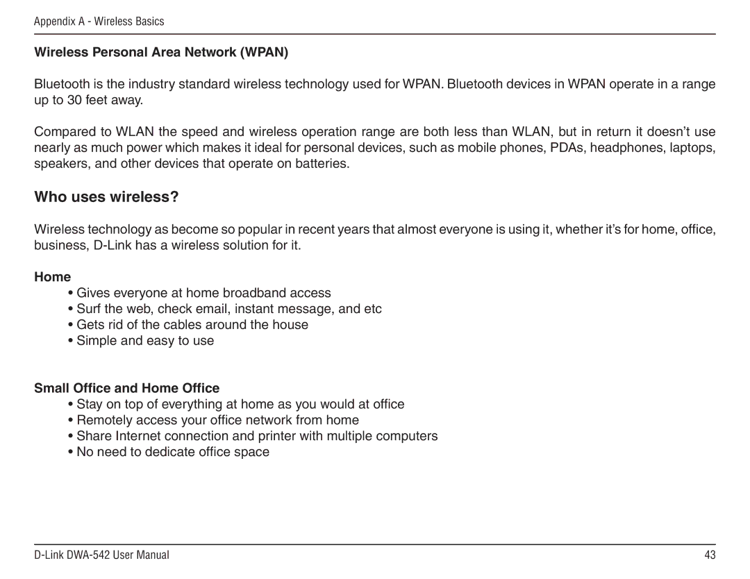 D-Link DWA-54 manual Wireless Personal Area Network Wpan, Small Office and Home Office 