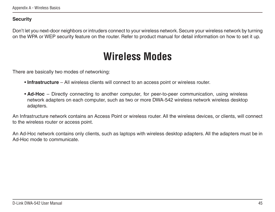 D-Link DWA-54 manual Wireless Modes, Security 