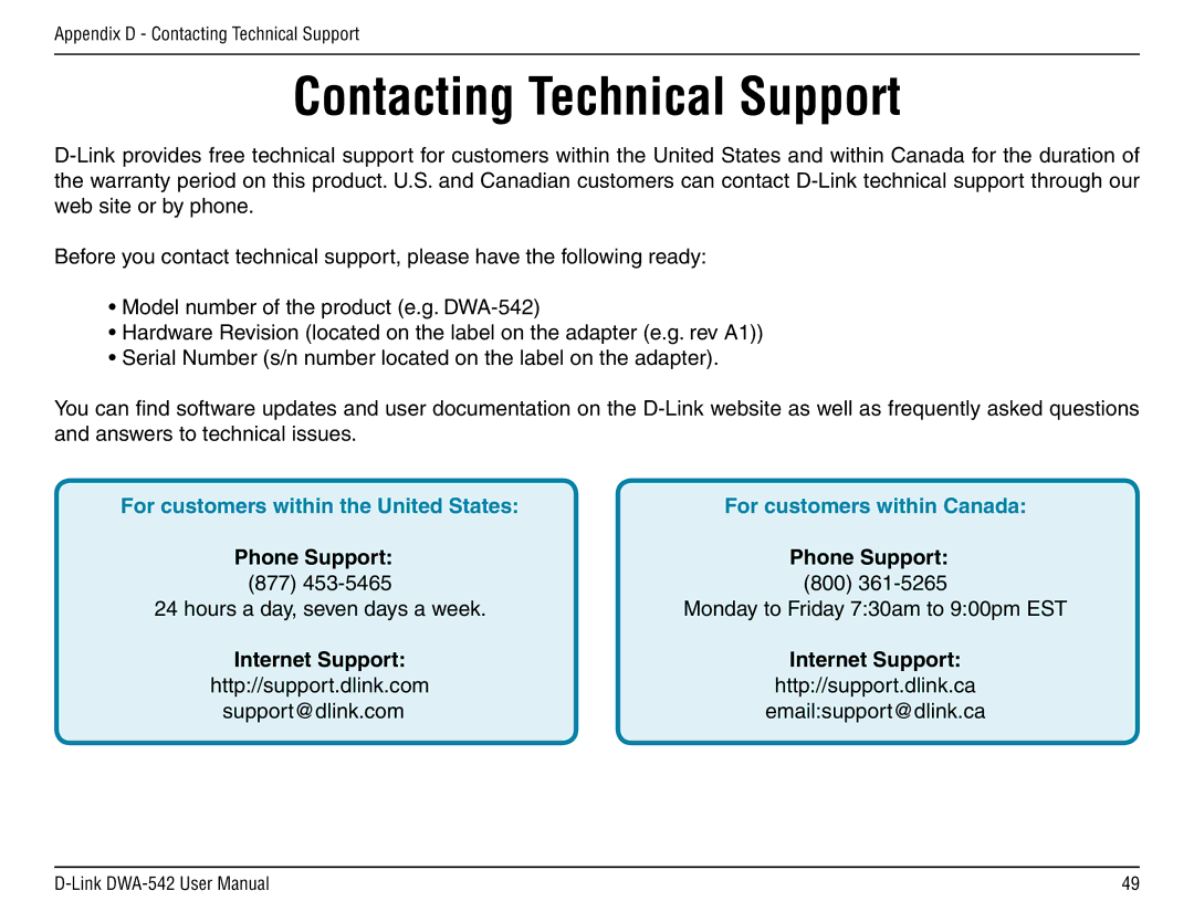 D-Link DWA-54 manual Contacting Technical Support, Phone Support 