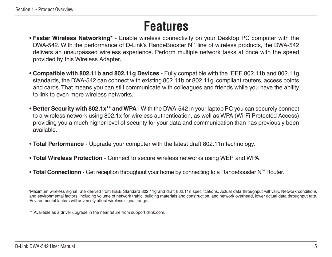 D-Link DWA-54 manual Features 